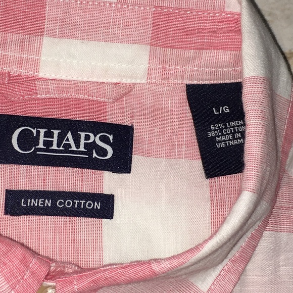 Men’s CHAPS Linen Cotton Blend Pink White Plaid Button Down Shirt Large - Picture 7 of 9